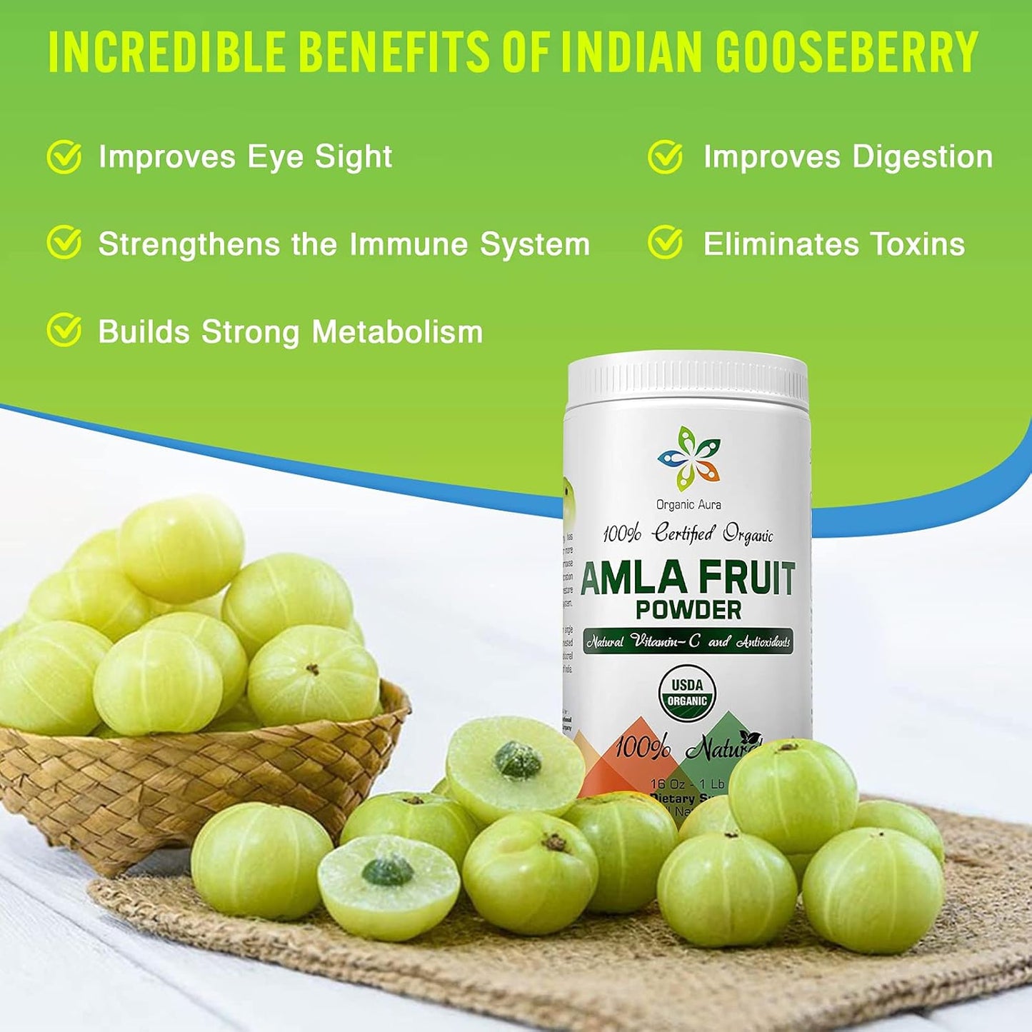 16Oz Certified Organic Aura Amla Powder - Rich in Vitamin C and Antioxidants for Immunity and Vitality