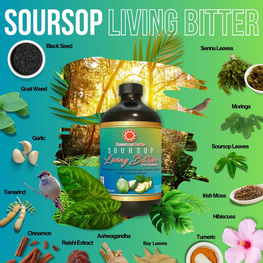 16oz Essence Herbs Soursop Bitters Liquid for Immune Support & Gut Health - Soursop Leaves, Moringa, Black Seed, Neem & More - 1 Pack