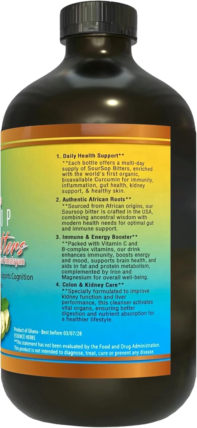 16oz Essence Herbs Soursop Bitters Liquid for Immune Support & Gut Health - Soursop Leaves, Moringa, Black Seed, Neem & More - 1 Pack