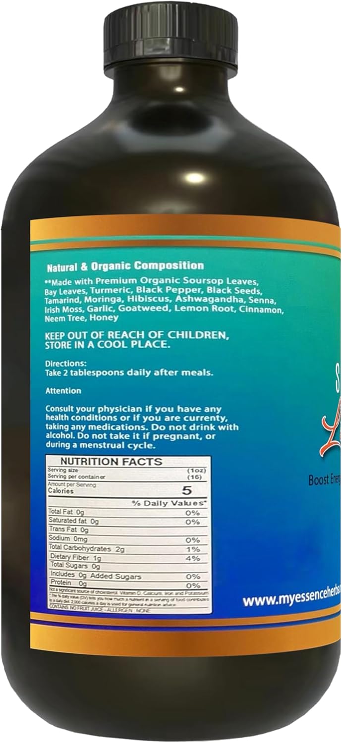 16oz Essence Herbs Soursop Bitters Liquid for Immune Support & Gut Health - Soursop Leaves, Moringa, Black Seed, Neem & More - 1 Pack