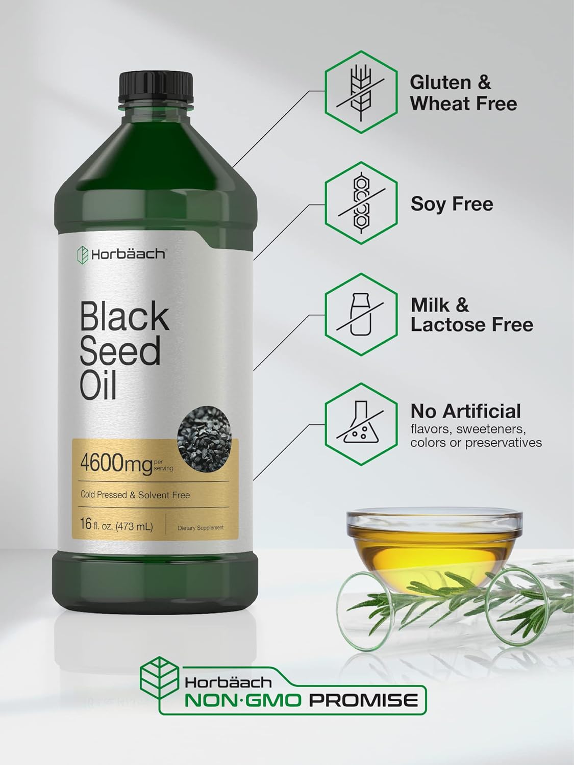 16oz Horbäach Black Seed Oil Liquid Supplement - 4600mg Cold Pressed Nigella Sativa - Vegetarian, Non-GMO, Gluten-Free