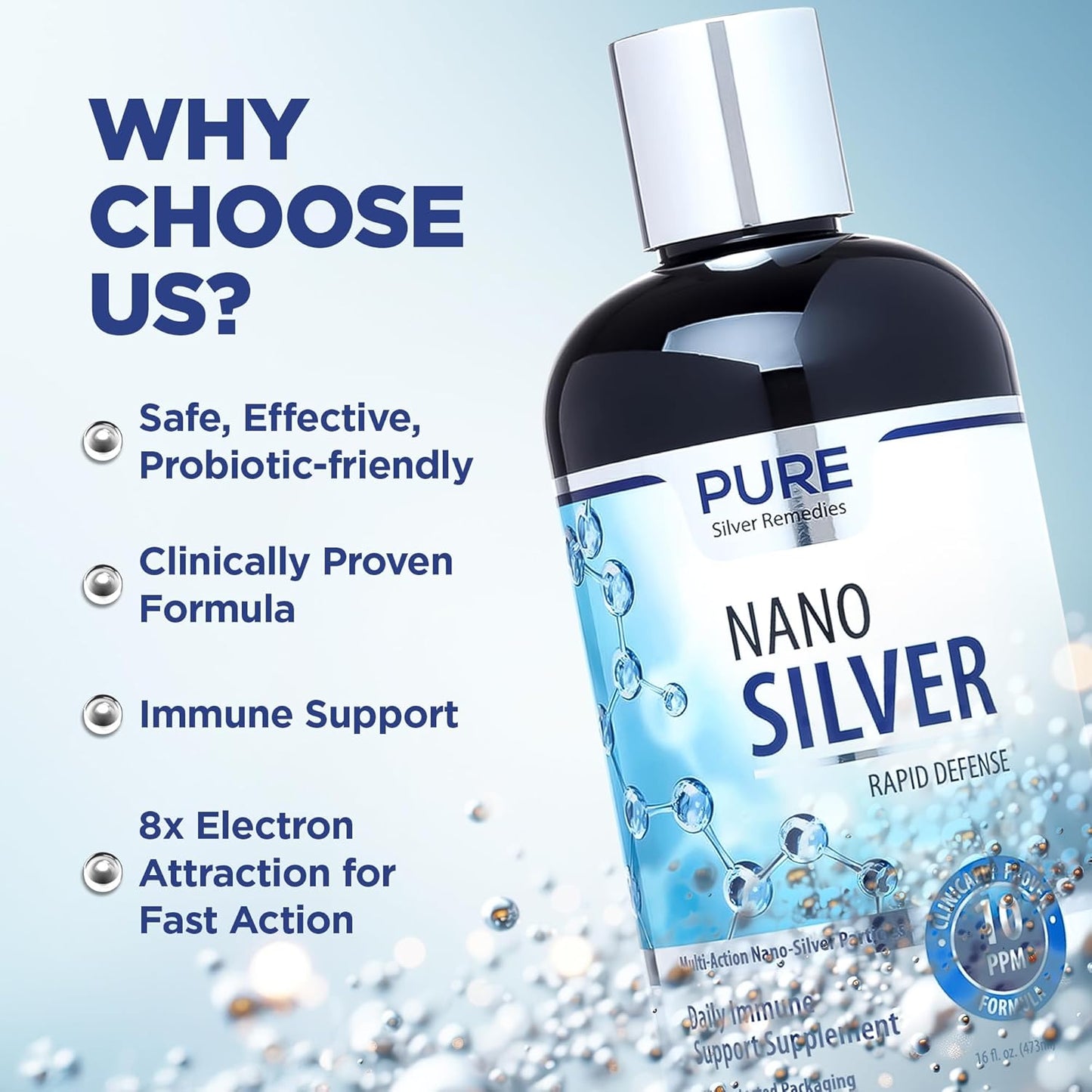 16oz Nano Silver Spray Refill | 10 PPM Immune Support Supplement | Colloidal Silver Spray | Probiotic-Friendly Formula