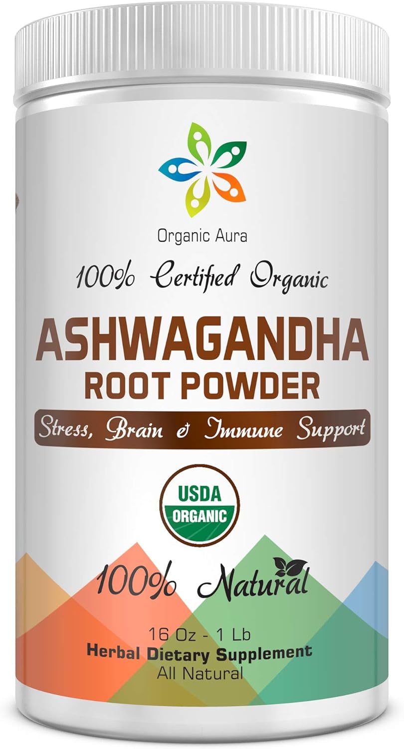16oz Organic Ashwagandha Root Powder: Certified, Raw Superfood for Stress, Brain, Immune Support - 100% Natural Herbal Supplement