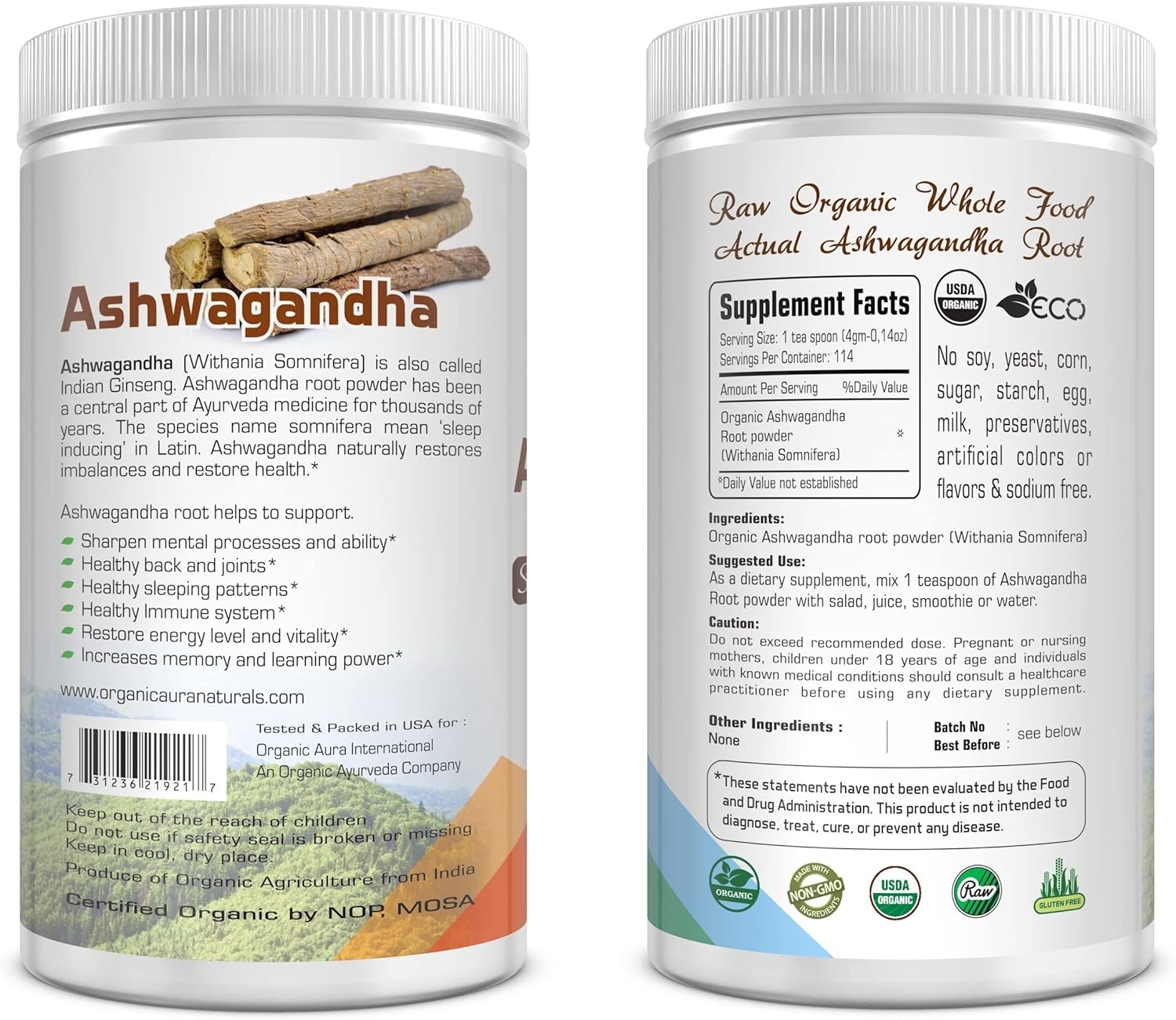 16oz Organic Ashwagandha Root Powder: Certified, Raw Superfood for Stress, Brain, Immune Support - 100% Natural Herbal Supplement