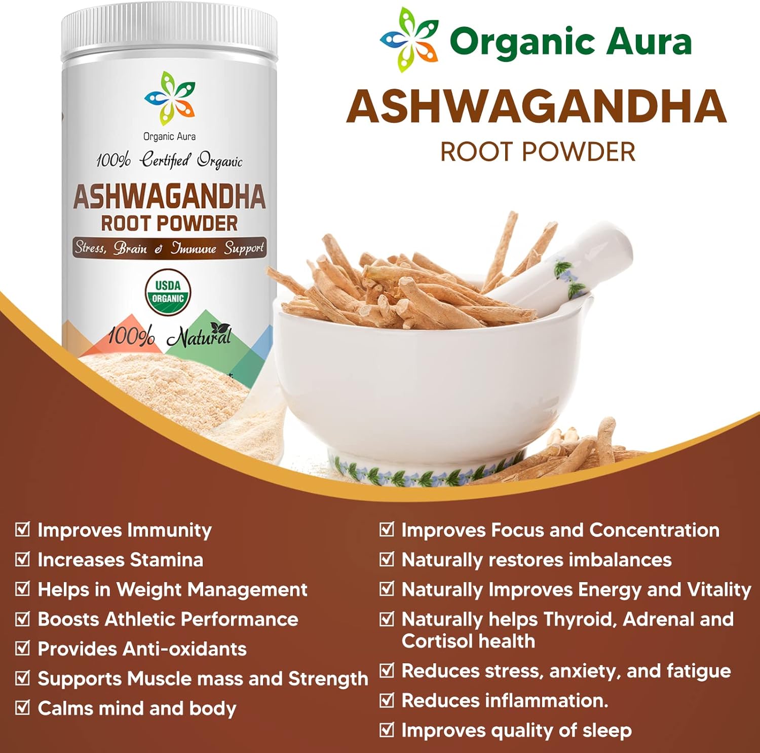 16oz Organic Ashwagandha Root Powder: Certified, Raw Superfood for Stress, Brain, Immune Support - 100% Natural Herbal Supplement