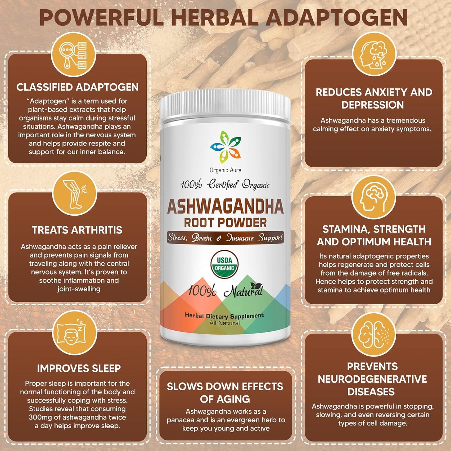 16oz Organic Ashwagandha Root Powder: Certified, Raw Superfood for Stress, Brain, Immune Support - 100% Natural Herbal Supplement