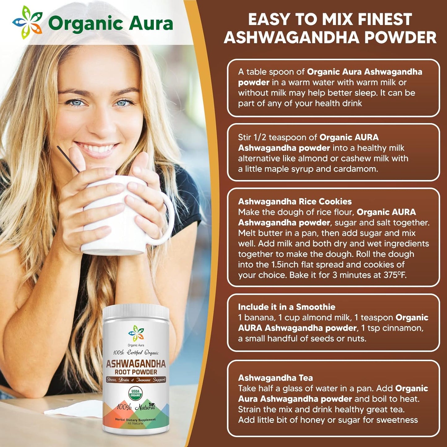 16oz Organic Ashwagandha Root Powder: Certified, Raw Superfood for Stress, Brain, Immune Support - 100% Natural Herbal Supplement