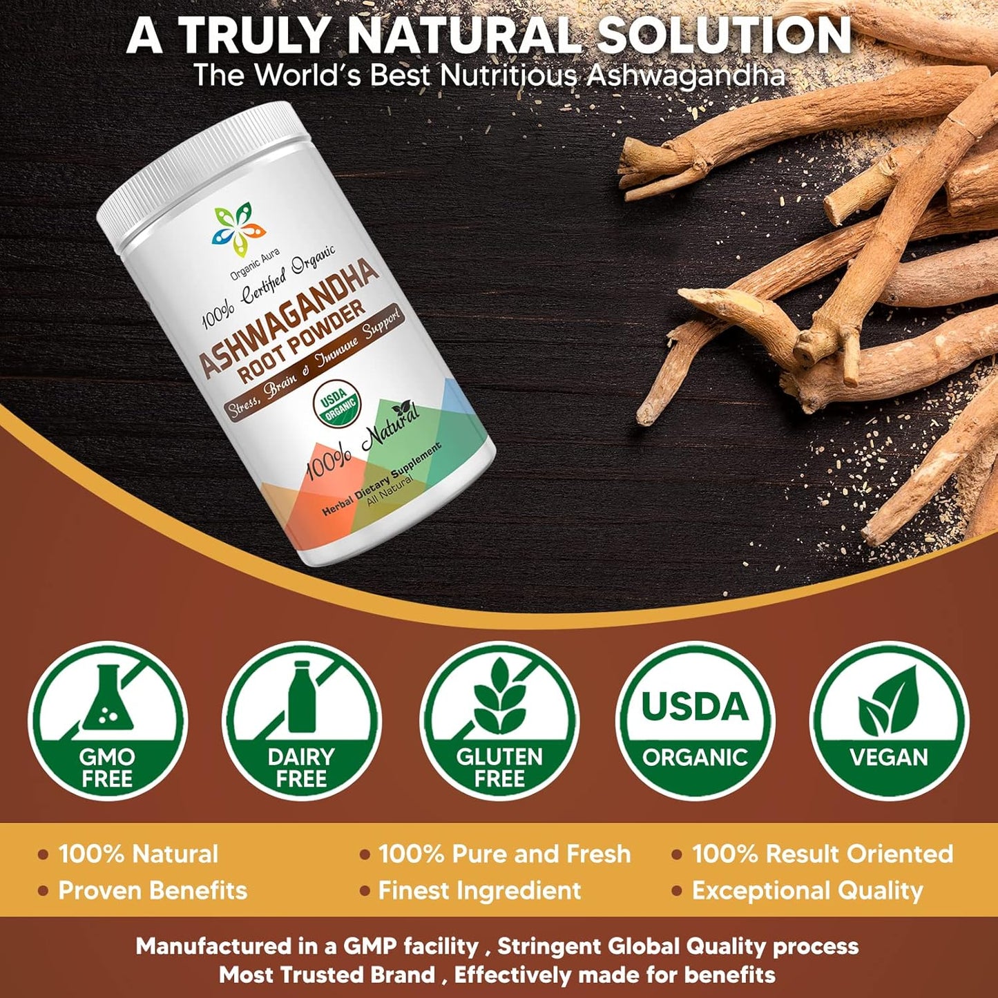 16oz Organic Ashwagandha Root Powder: Certified, Raw Superfood for Stress, Brain, Immune Support - 100% Natural Herbal Supplement