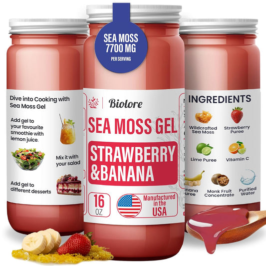 16oz Strawberry Banana Sea Moss Gel - Wildcrafted Irish Seamoss with Essential Vitamins & Minerals - Vegan Superfood from USA