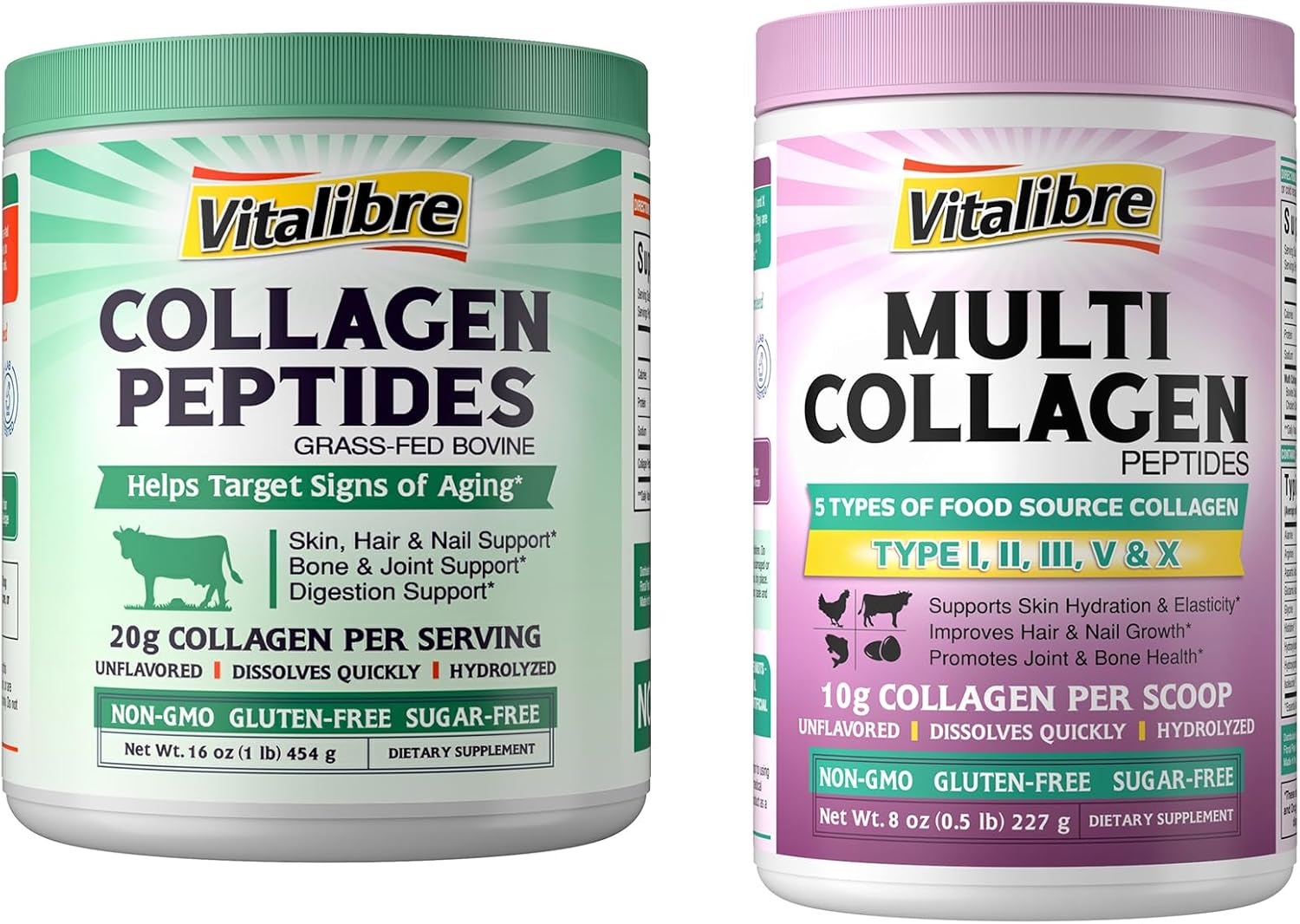 16oz Vitalibre Bovine Collagen Peptides Powder - Hydrolyzed Protein Supplement for Skin, Hair & Nails