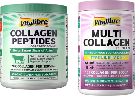 16oz Vitalibre Bovine Collagen Peptides Powder - Hydrolyzed Protein Supplement for Skin, Hair & Nails