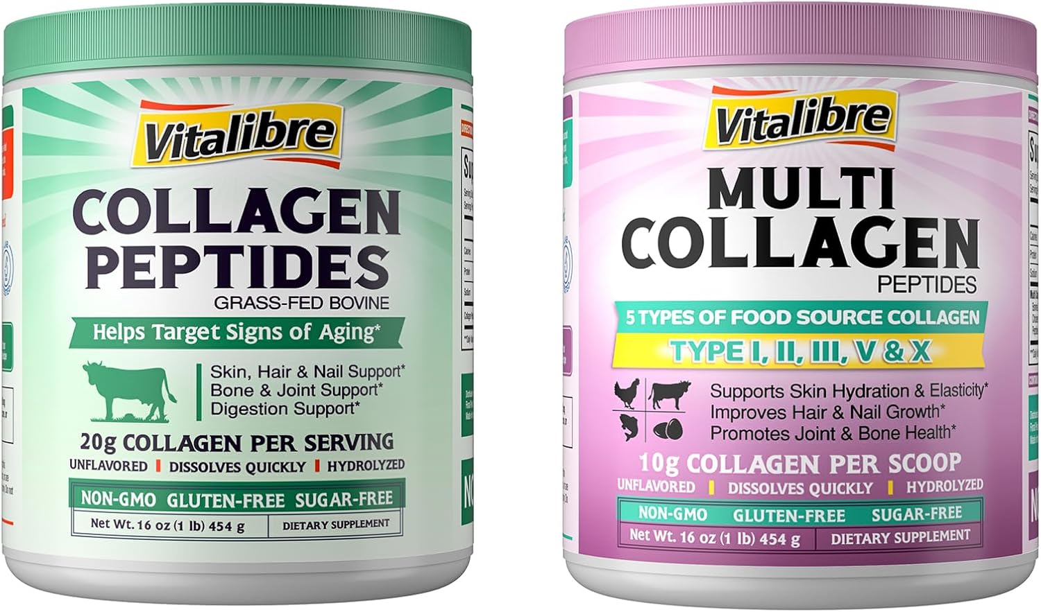 16oz Vitalibre Multi Collagen Peptides and Bovine Collagen Powder Blend