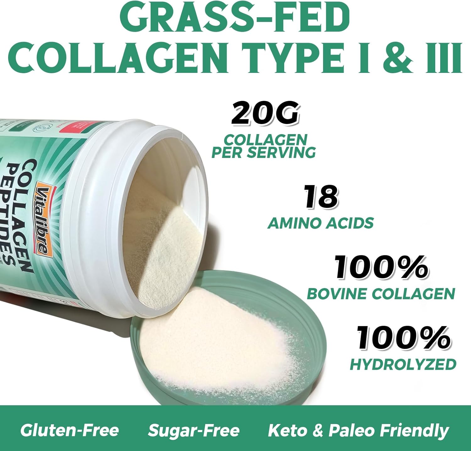 16oz Vitalibre Multi Collagen Peptides and Bovine Collagen Powder Blend