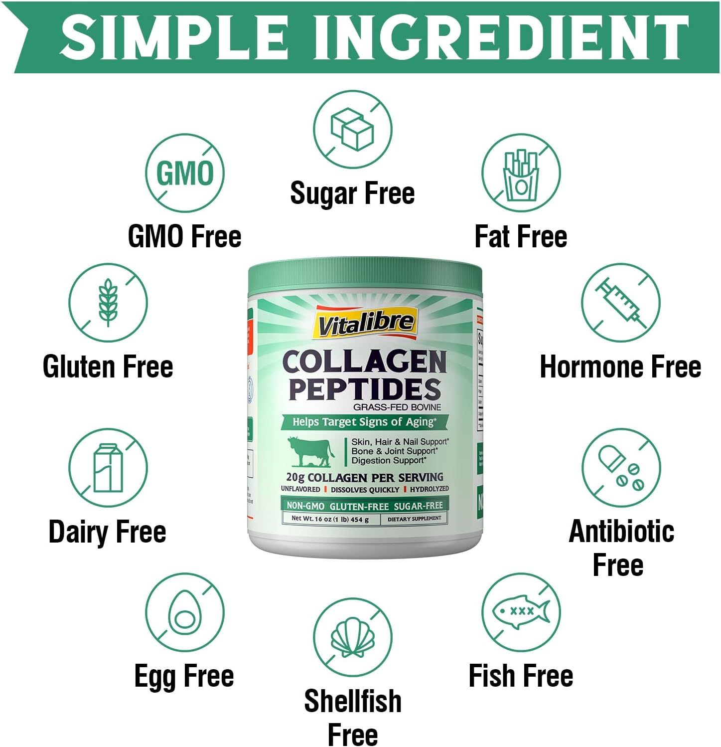 16oz Vitalibre Multi Collagen Peptides and Bovine Collagen Powder Blend