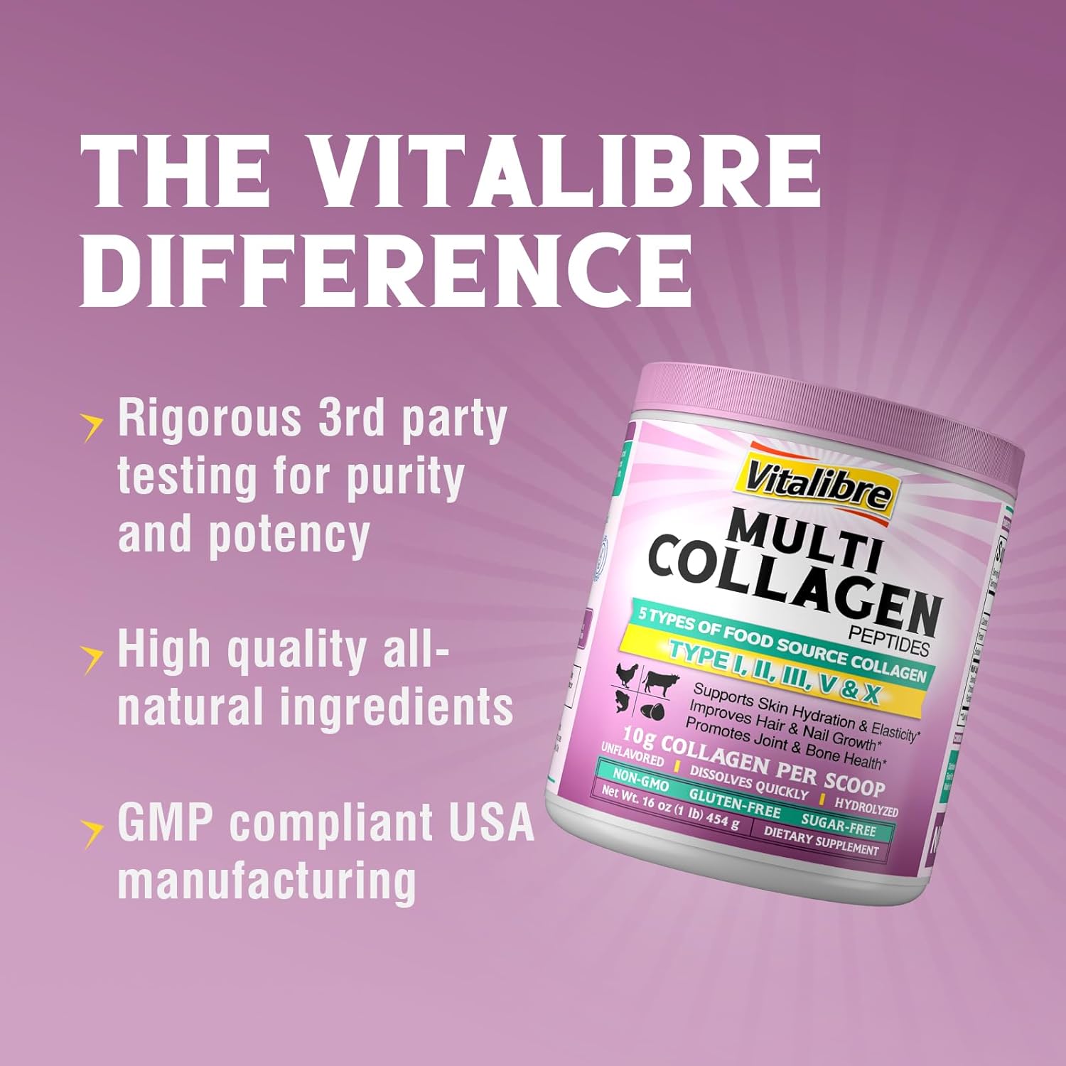 16oz Vitalibre Multi Collagen Peptides and Bovine Collagen Powder Blend