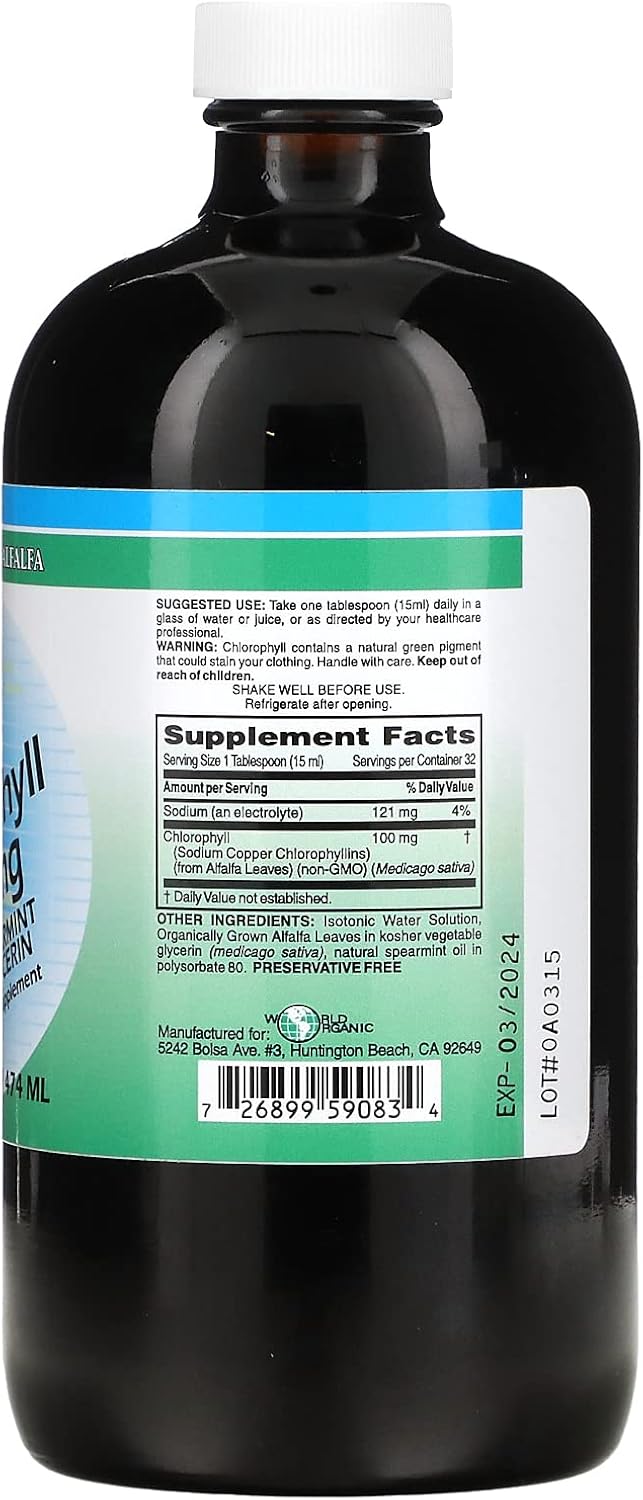 16oz World Organics Liquid Chlorophyll with Spearmint - Natural Detox and Alkalizing Formula