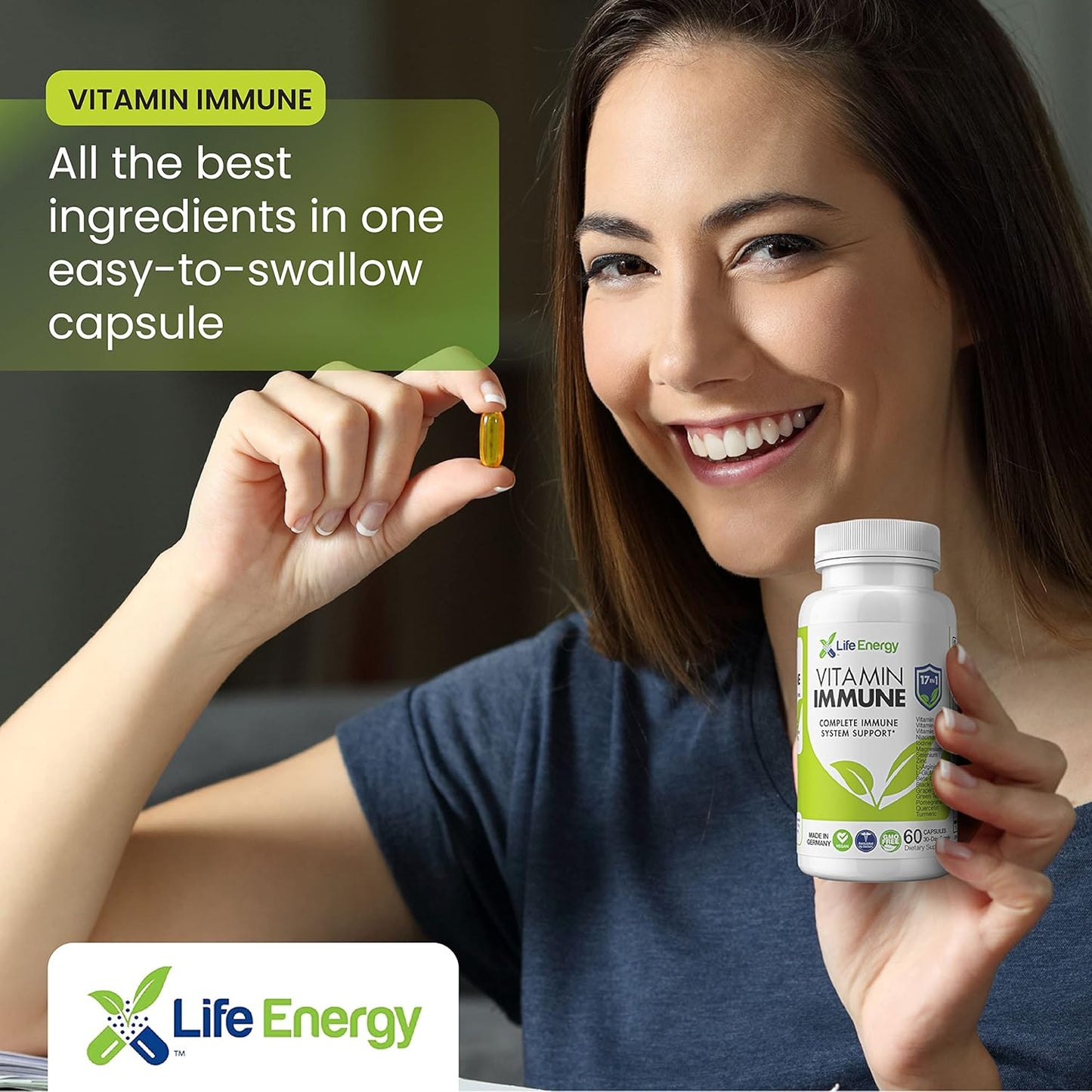 17-in-1 Immune Support Supplement with Vitamins C, D, A, Zinc, Quercetin, Turmeric, Green Tea, Selenium | Daily Immunity Boost - 60 Capsules
