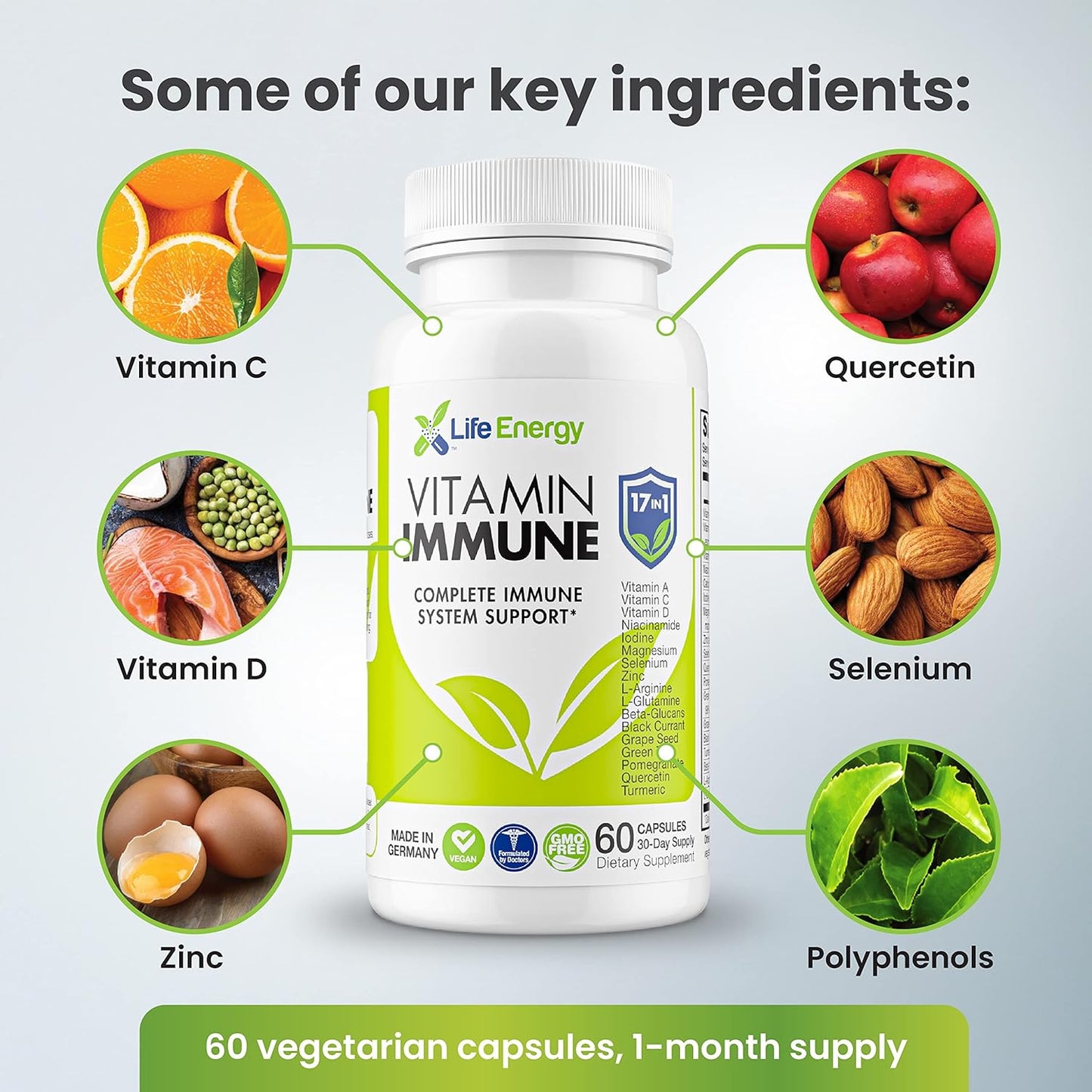 17-in-1 Immune Support Supplement with Vitamins C, D, A, Zinc, Quercetin, Turmeric, Green Tea, Selenium | Daily Immunity Boost - 60 Capsules