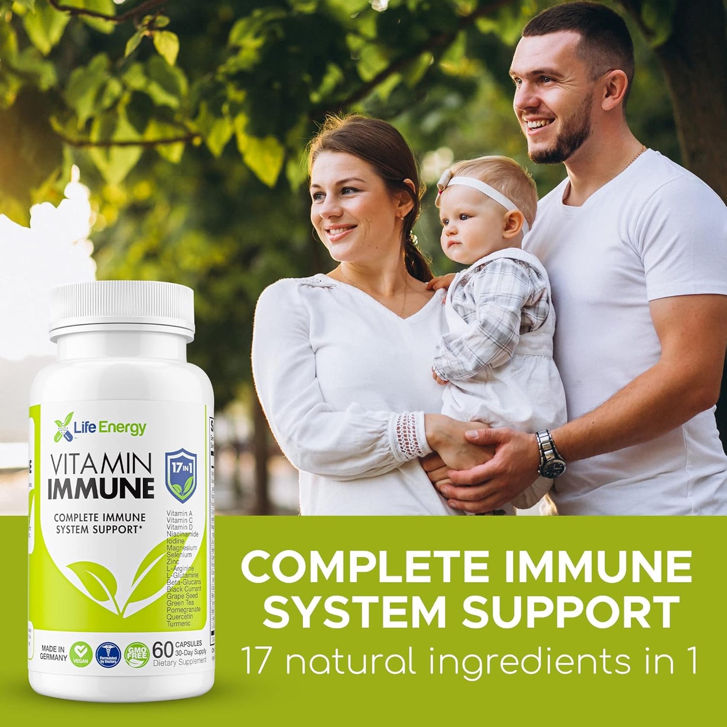 17-in-1 Immune Support Supplement with Vitamins C, D, A, Zinc, Quercetin, Turmeric, Green Tea, Selenium | Daily Immunity Boost - 60 Capsules