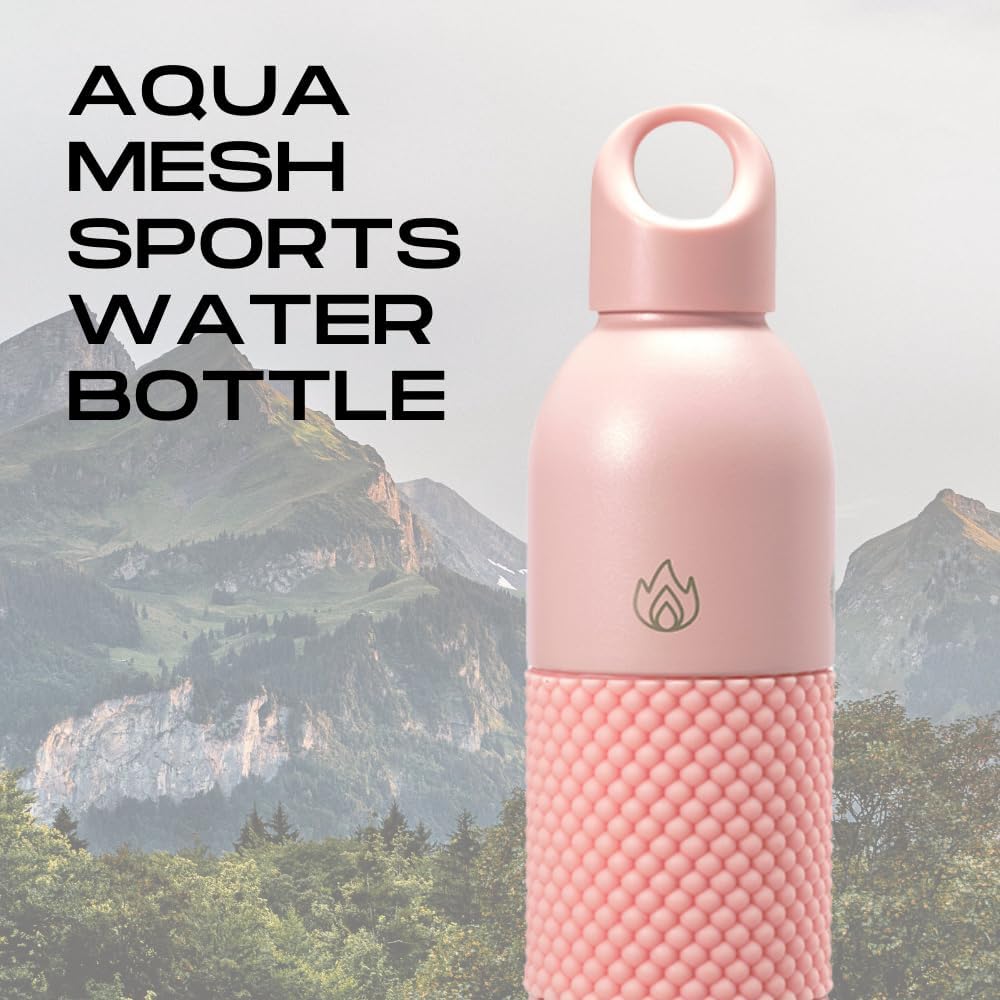 18 Oz Aqua Mesh Insulated Sports Water Bottle with Screw Top Lid - Leak Proof Stainless Steel - Handle, Spill Proof - Thermos for Gym, Home, Office - Blush