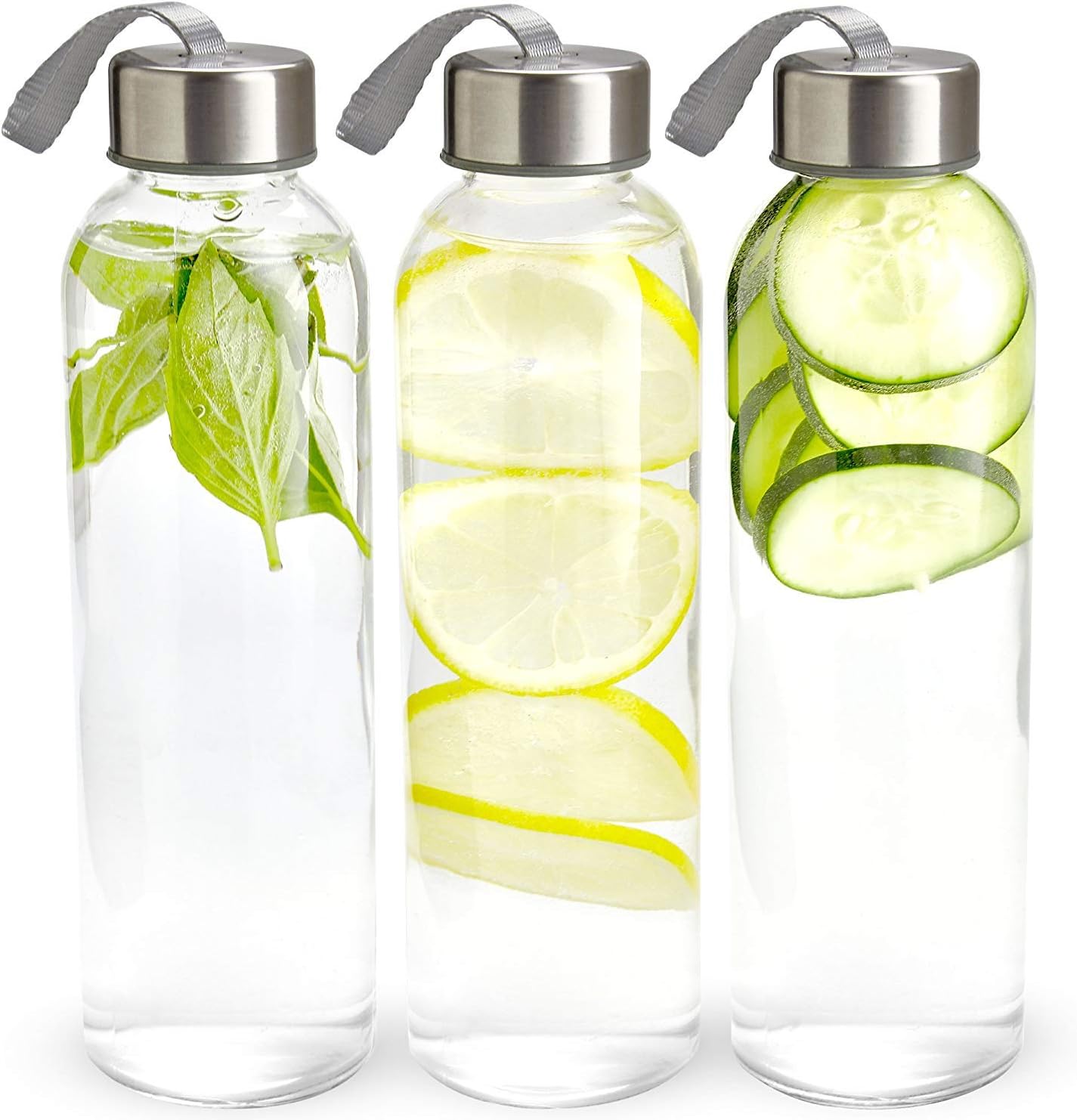 18 oz. Glass Water Bottle with Stainless Steel Lid - Reusable, Airtight, and BPA-Free - Includes Carrying Strap and Protective Sleeve for Cold Drinks