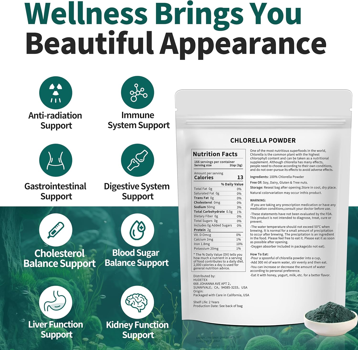18 oz Hudetex Chlorella Powder: Natural Chlorophyll Powder, Supports Immune System & Liver, Vegan Protein & Vitamins, Anti-Aging.