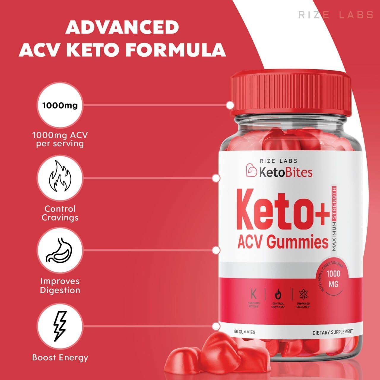 180 All Natural Apple Cider Vinegar Gummies for Advanced Slimming Formula by Rize Labs - Keto Bites Supplement