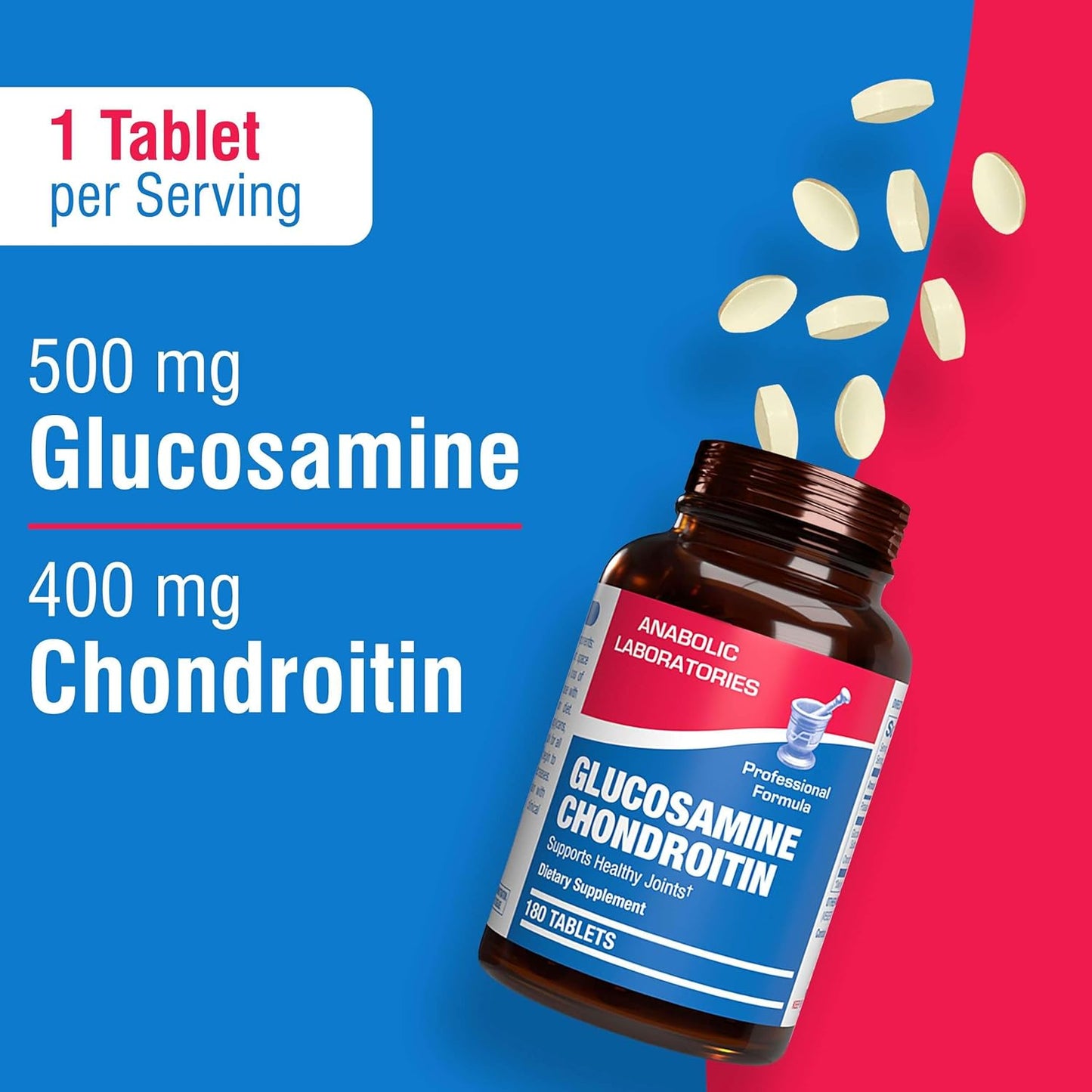 180 Anabolic Laboratories Glucosamine Chondroitin Tablets - Joint Health Supplements - 500mg Glucosamine Sulfate & 40mg Chondroitin Sulfate - Potassium Chloride