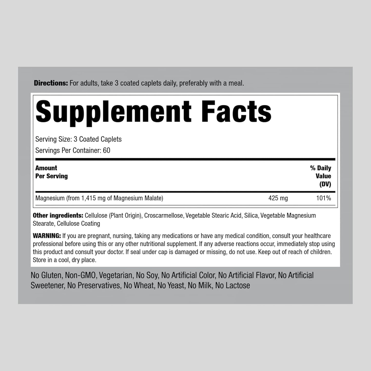 180 Caplets of Piping Rock Magnesium Malate - 1800 mg - Vegetarian, Non-GMO, Gluten Free Supplement - BoostGo Australia