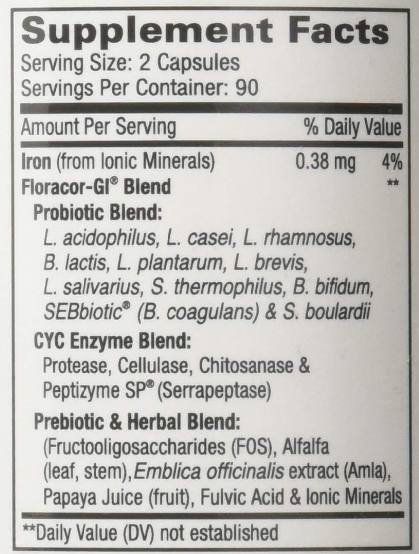 180 Capsules Floracor-GI SEBbiotic-CYC Candida Cleanse Probiotic Enzyme Support Formula