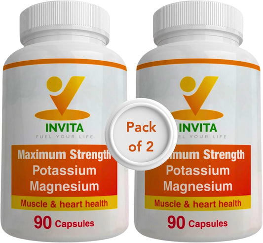 180 Capsules Invita Potassium Magnesium Supplement - High Absorption Complex for Cardiovascular, Muscles & Nerve Health - Non GMO & Gluten Free