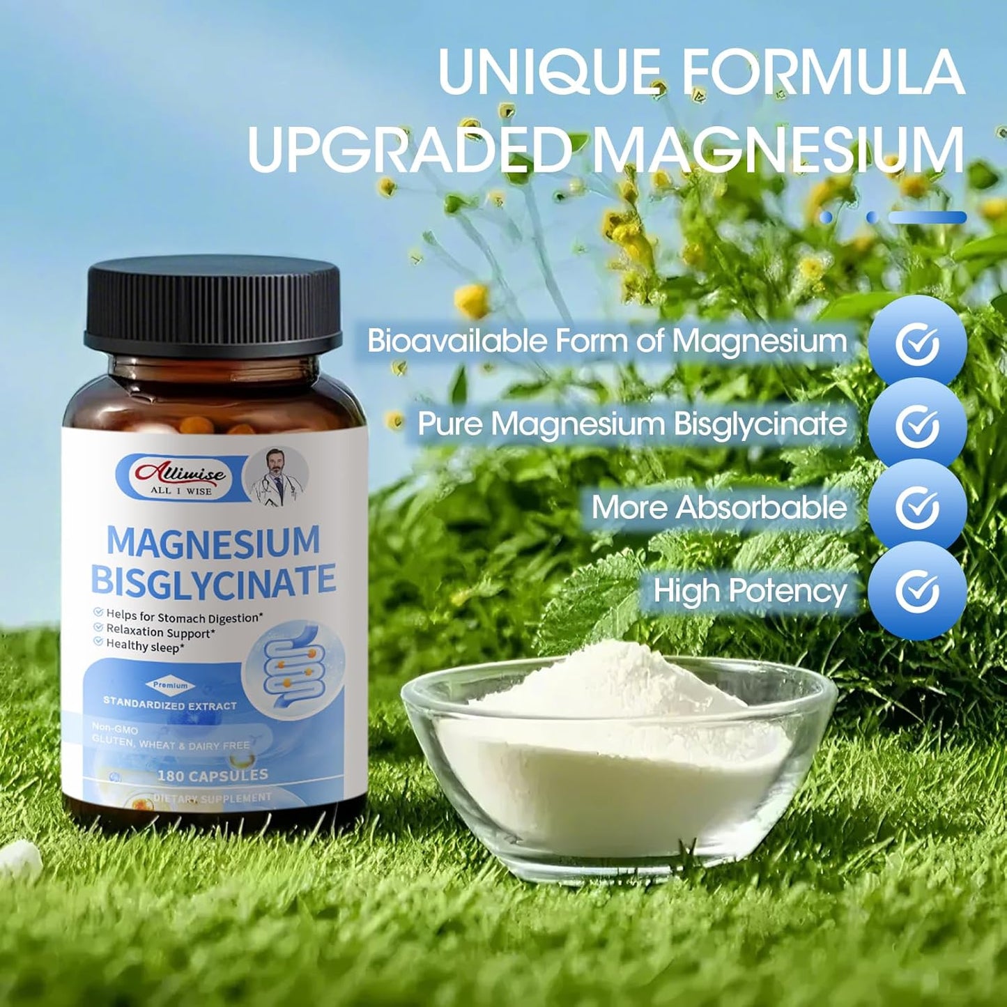 180 Capsules of Alliwise Magnesium Bisglycinate Chelate for Restful Sleep and Energy Support