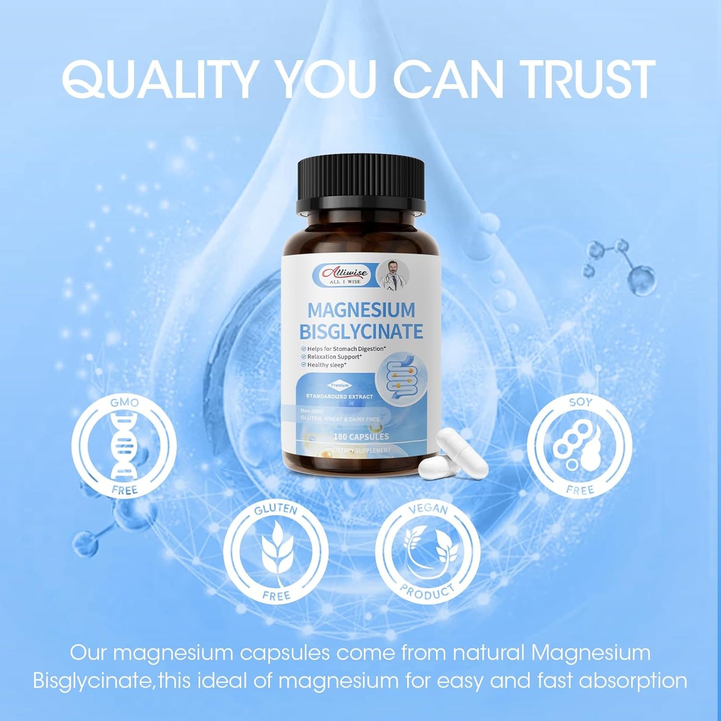 180 Capsules of Alliwise Magnesium Bisglycinate Chelate for Restful Sleep and Energy Support