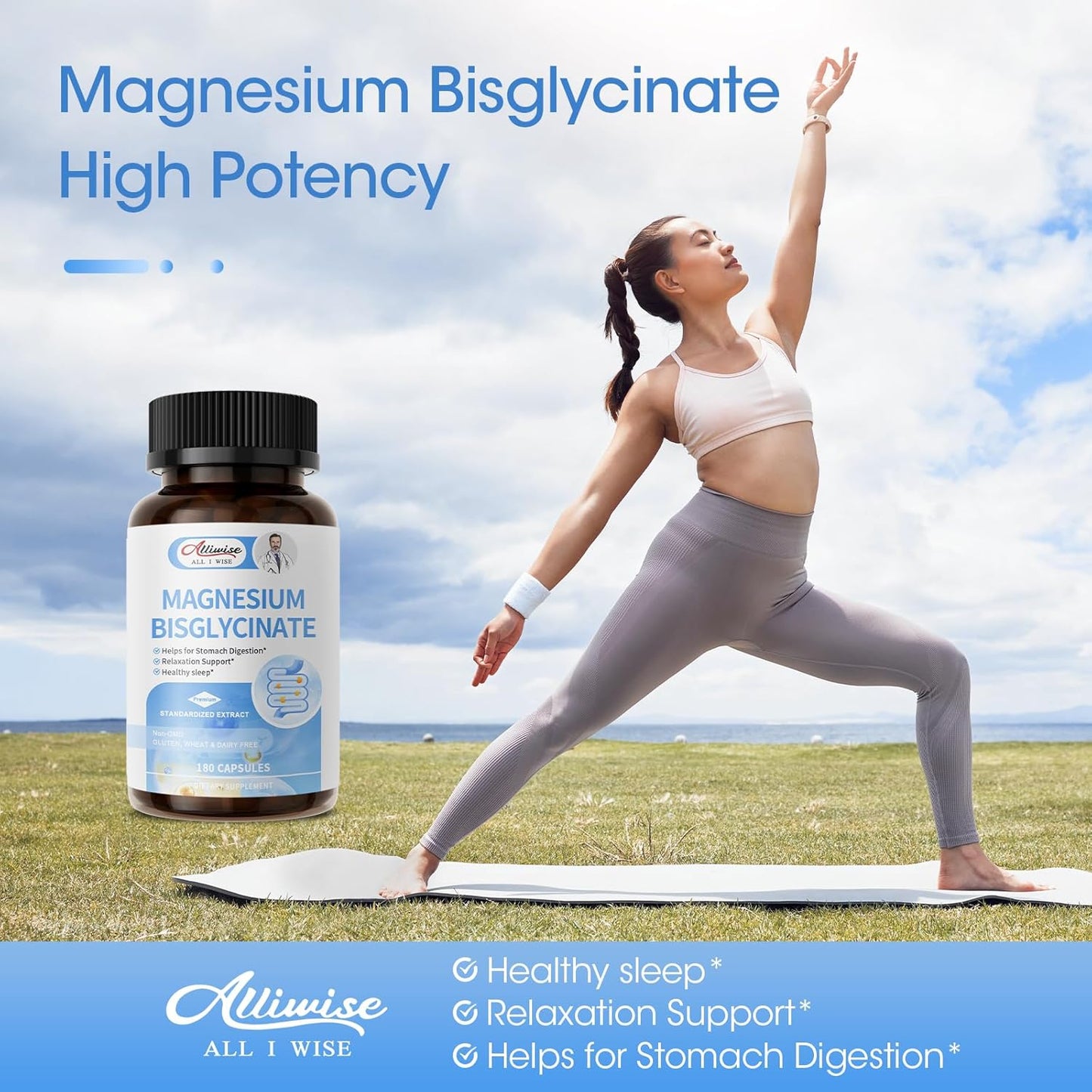 180 Capsules of Alliwise Magnesium Bisglycinate Chelate for Restful Sleep and Energy Support