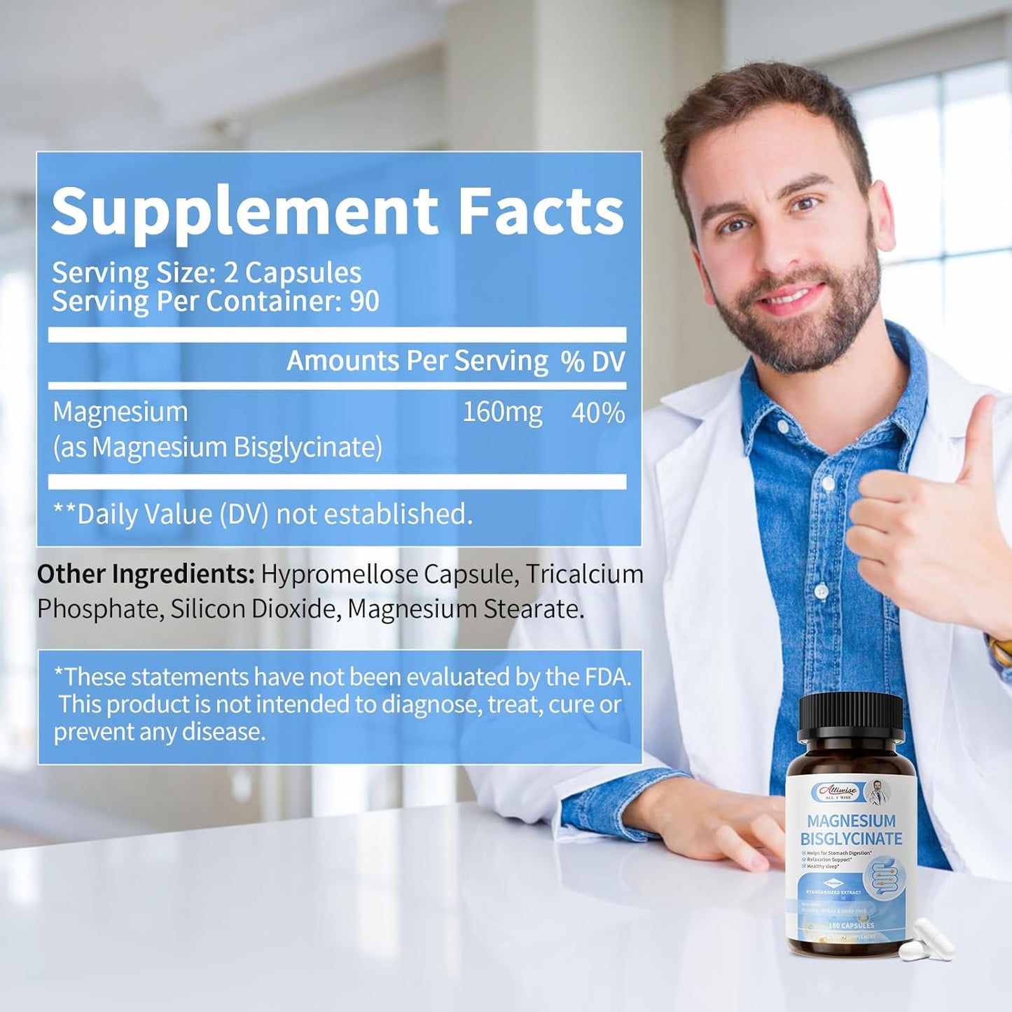 180 Capsules of Alliwise Magnesium Bisglycinate Chelate for Restful Sleep and Energy Support