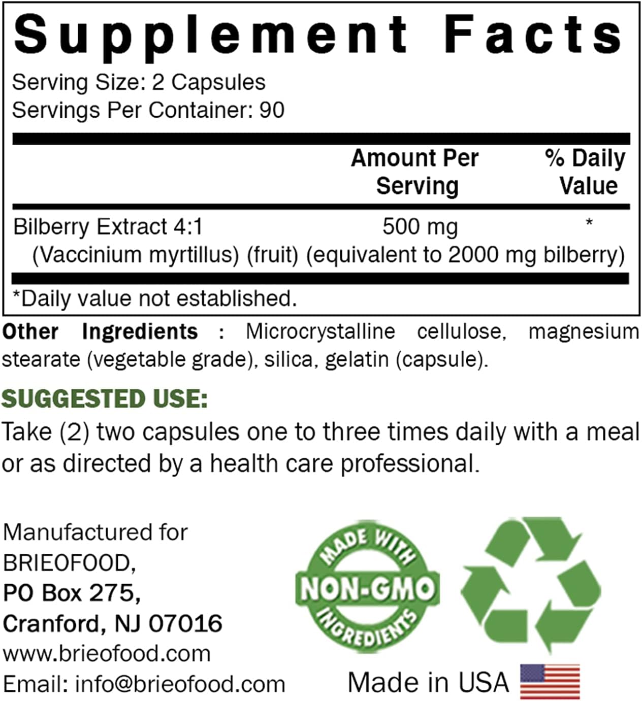 180 Capsules of Brieofood Bilberry Extract - 2000 mg per Serving