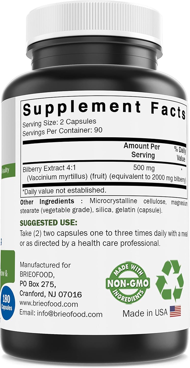 180 Capsules of Brieofood Bilberry Extract - 2000 mg per Serving