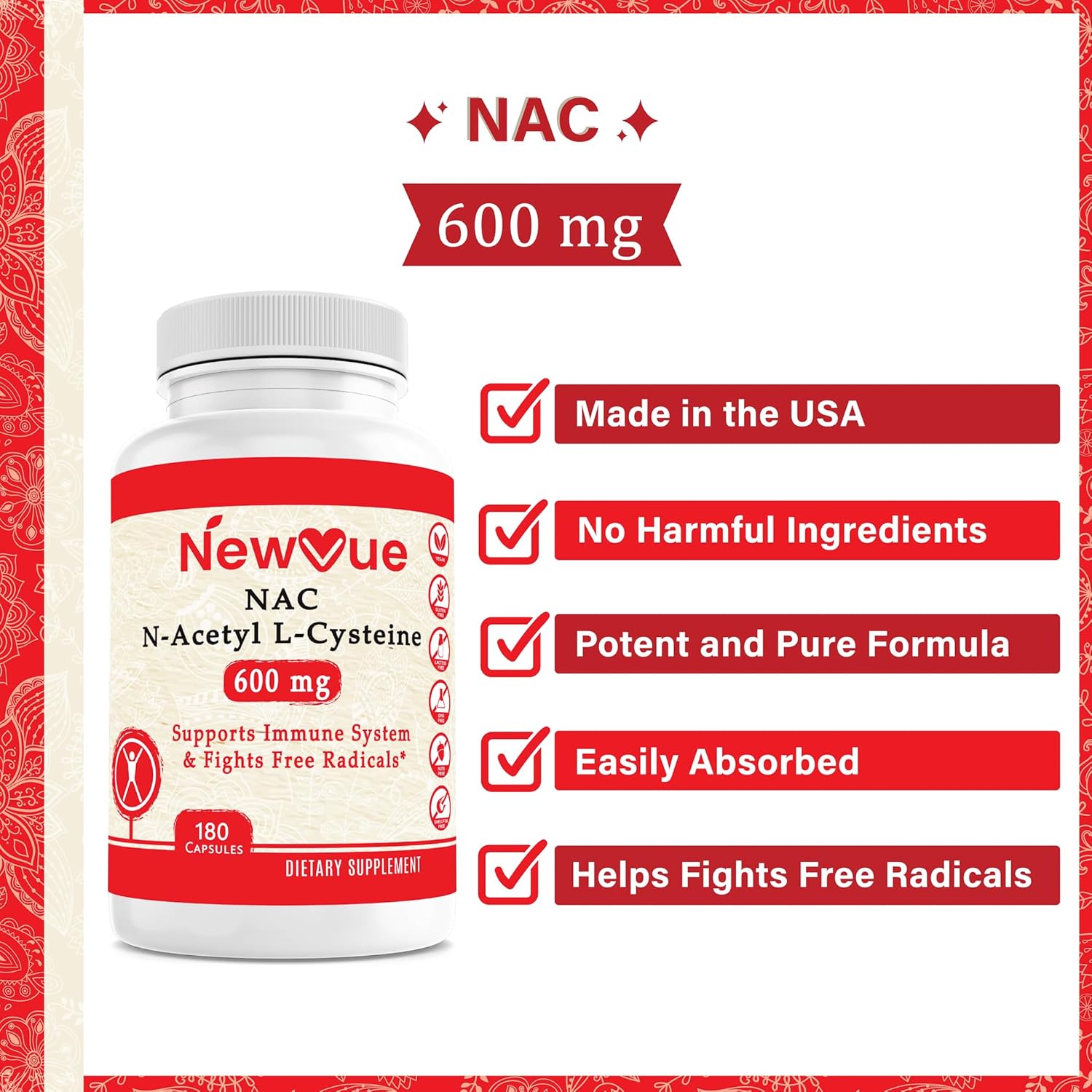180 Capsules of NewVue N-Acetyl L-Cysteine (NAC) 600mg - Non-GMO, Gluten Free