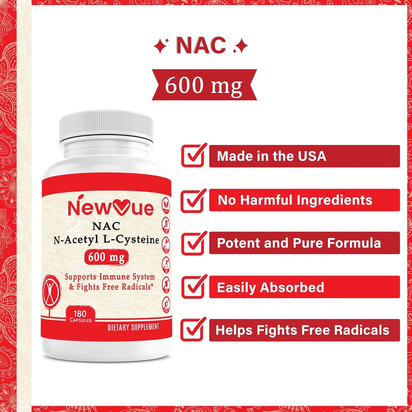 180 Capsules of NewVue N-Acetyl L-Cysteine (NAC) 600mg - Non-GMO, Gluten Free
