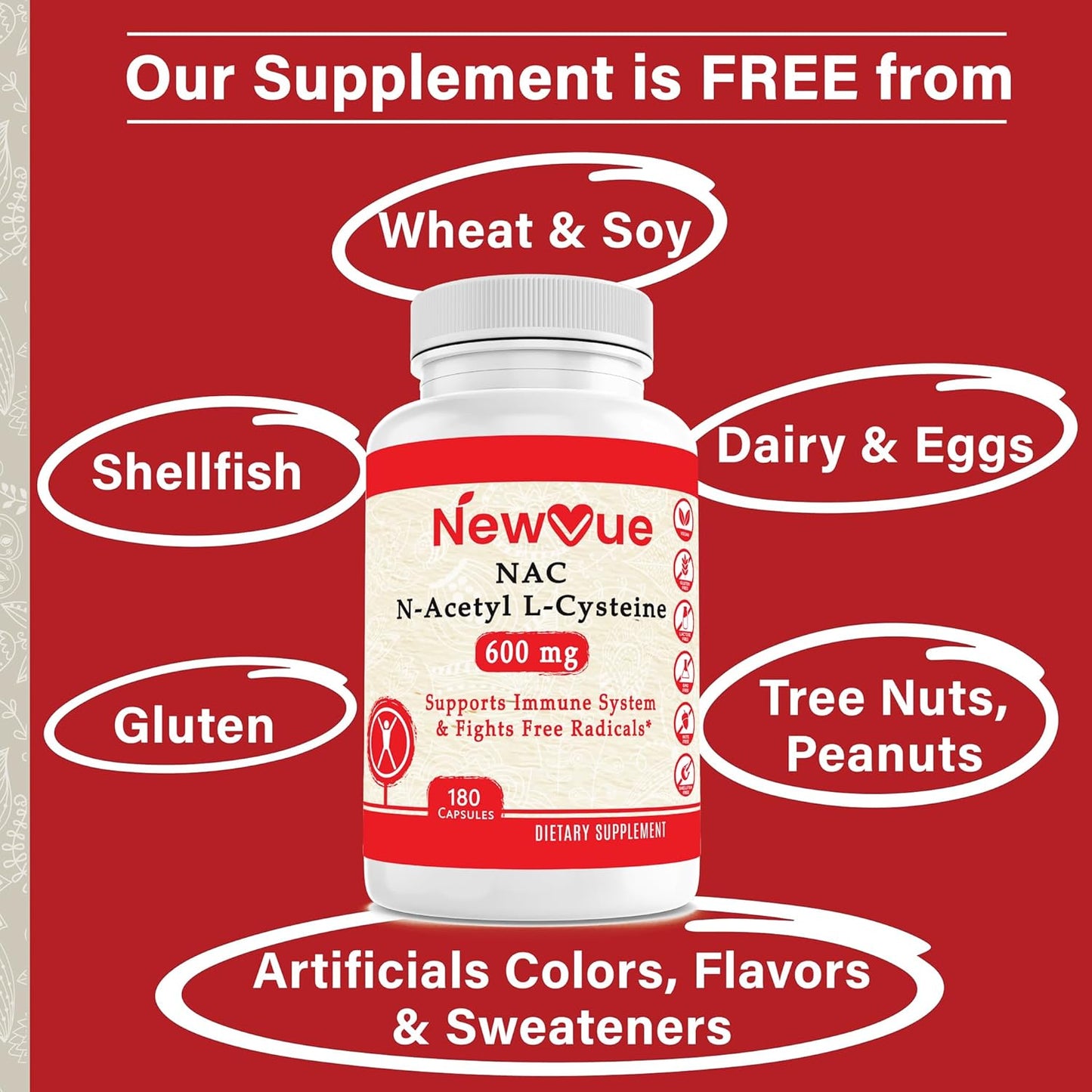 180 Capsules of NewVue N-Acetyl L-Cysteine (NAC) 600mg - Non-GMO, Gluten Free