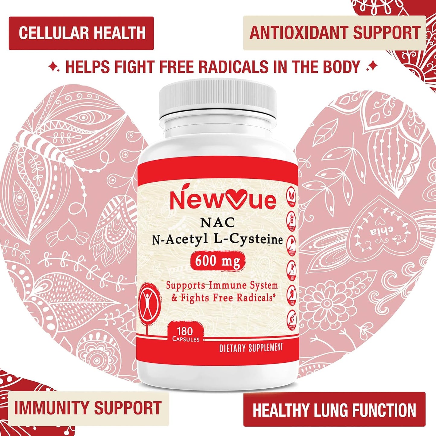 180 Capsules of NewVue N-Acetyl L-Cysteine (NAC) 600mg - Non-GMO, Gluten Free