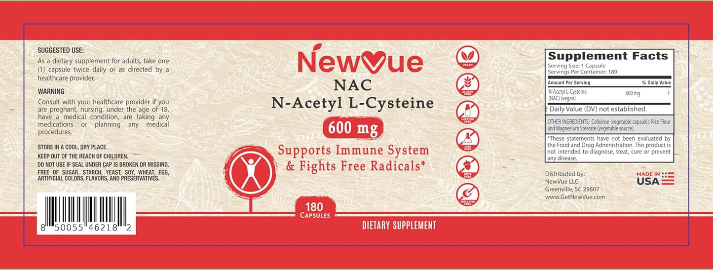 180 Capsules of NewVue N-Acetyl L-Cysteine (NAC) 600mg - Non-GMO, Gluten Free