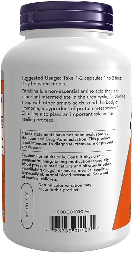 180 Capsules of Now Foods L-Citrulline 750 mg for Improved Blood Flow and Workout Performance