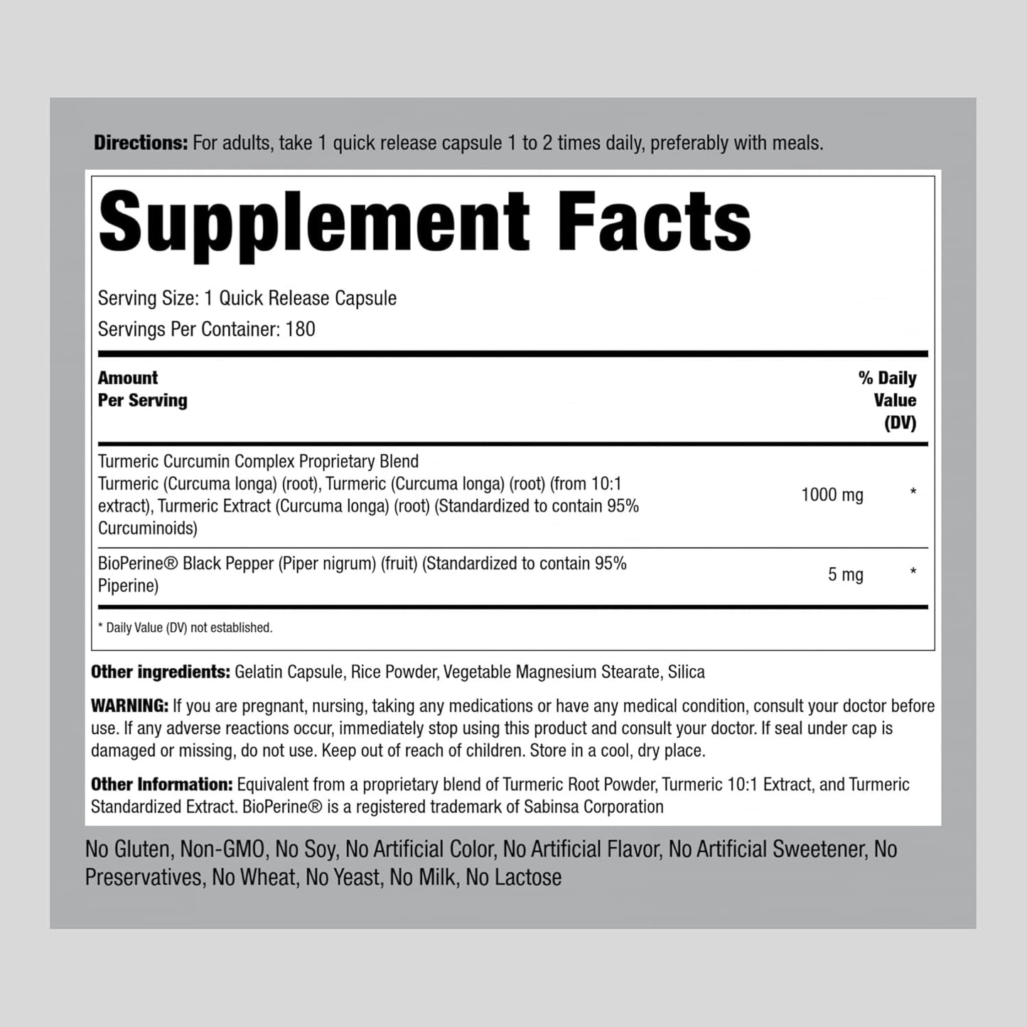 180 Capsules Piping Rock Turmeric Curcumin with Black Pepper 1000mg - Standardized Complex Herbal Supplement, Non-GMO & Gluten Free