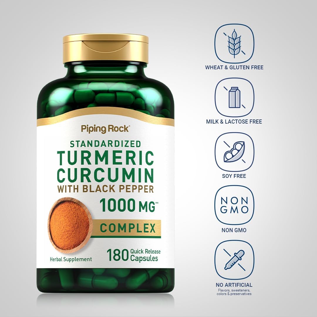 180 Capsules Piping Rock Turmeric Curcumin with Black Pepper 1000mg - Standardized Complex Herbal Supplement, Non-GMO & Gluten Free