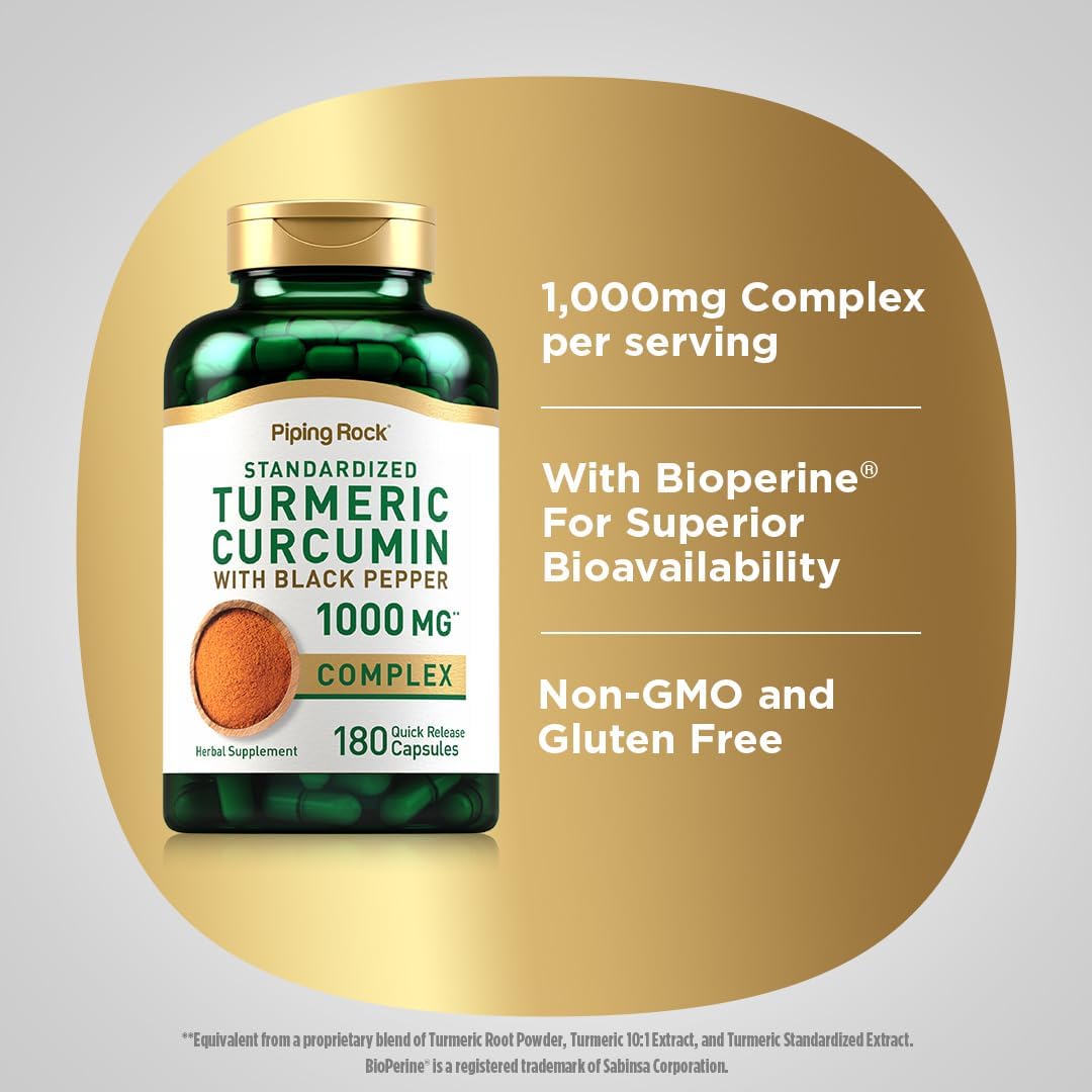 180 Capsules Piping Rock Turmeric Curcumin with Black Pepper 1000mg - Standardized Complex Herbal Supplement, Non-GMO & Gluten Free