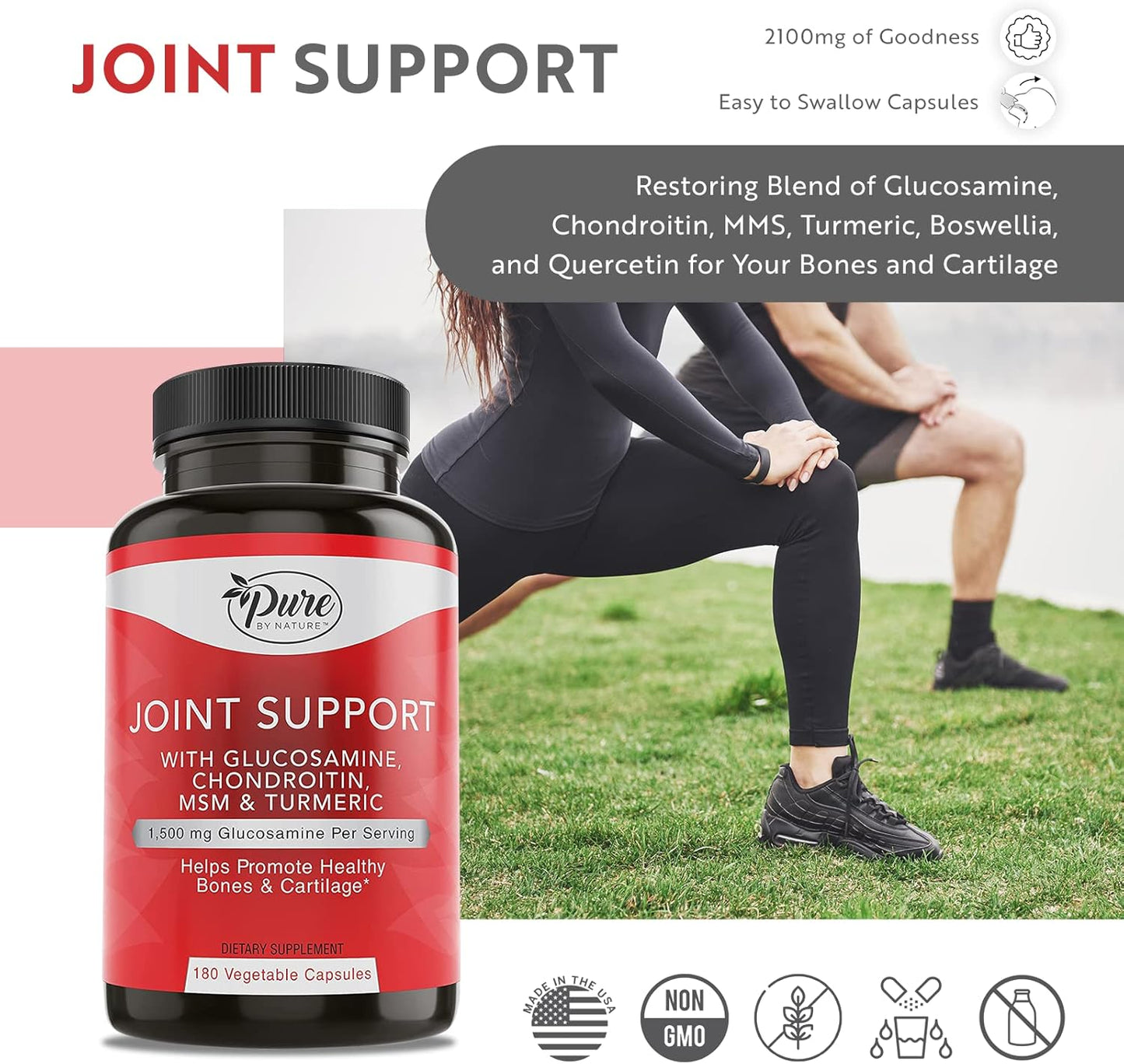 180 Capsules Pure By Nature Joint Support Supplement with Glucosamine, Chondroitin, Turmeric, MSM, and Boswellia - BoostGo Australia