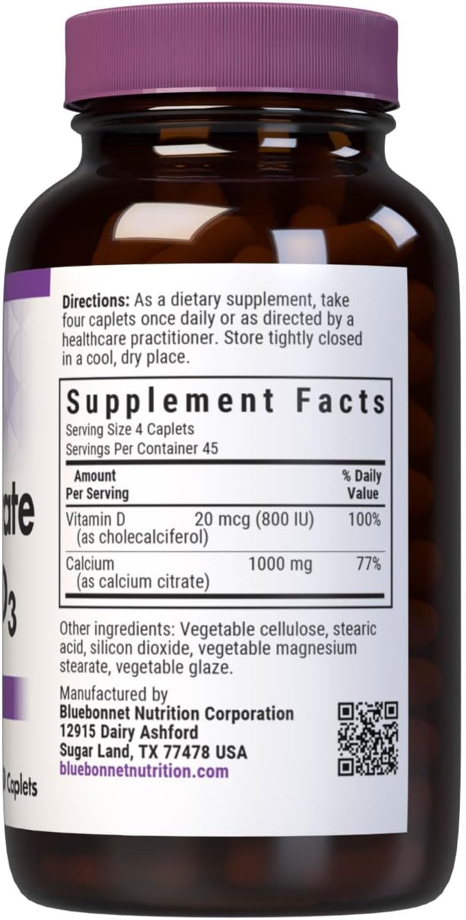 180 Count BlueBonnet Calcium Citrate Plus Vitamin D3 Caplets for Bone Health