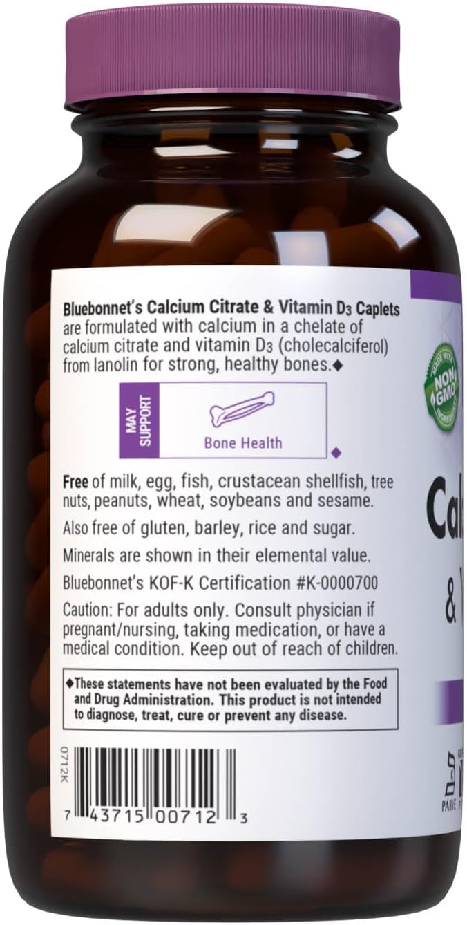 180 Count BlueBonnet Calcium Citrate Plus Vitamin D3 Caplets for Bone Health