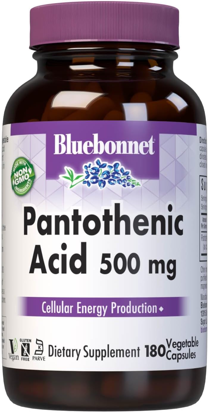 180 Count Bluebonnet Pantothenic Acid 500 mg Vegetable Capsules for Energy Support